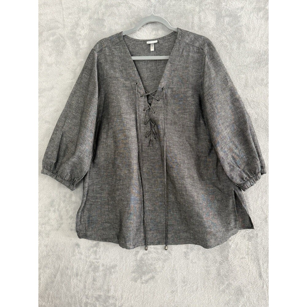 Harve Benard Linen Cotton Blouse Womens 1X Grey Lace Up Top Plus Size